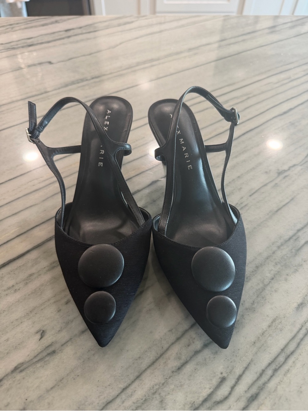 Alex Marie Black Pointed Slingback Pumps with Large Button Accents